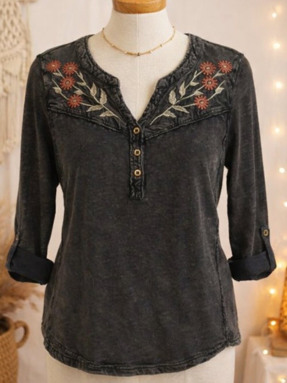 Style & Co Embroidered Floral Top Petite PM Boho Cottagecore Grunge Festival